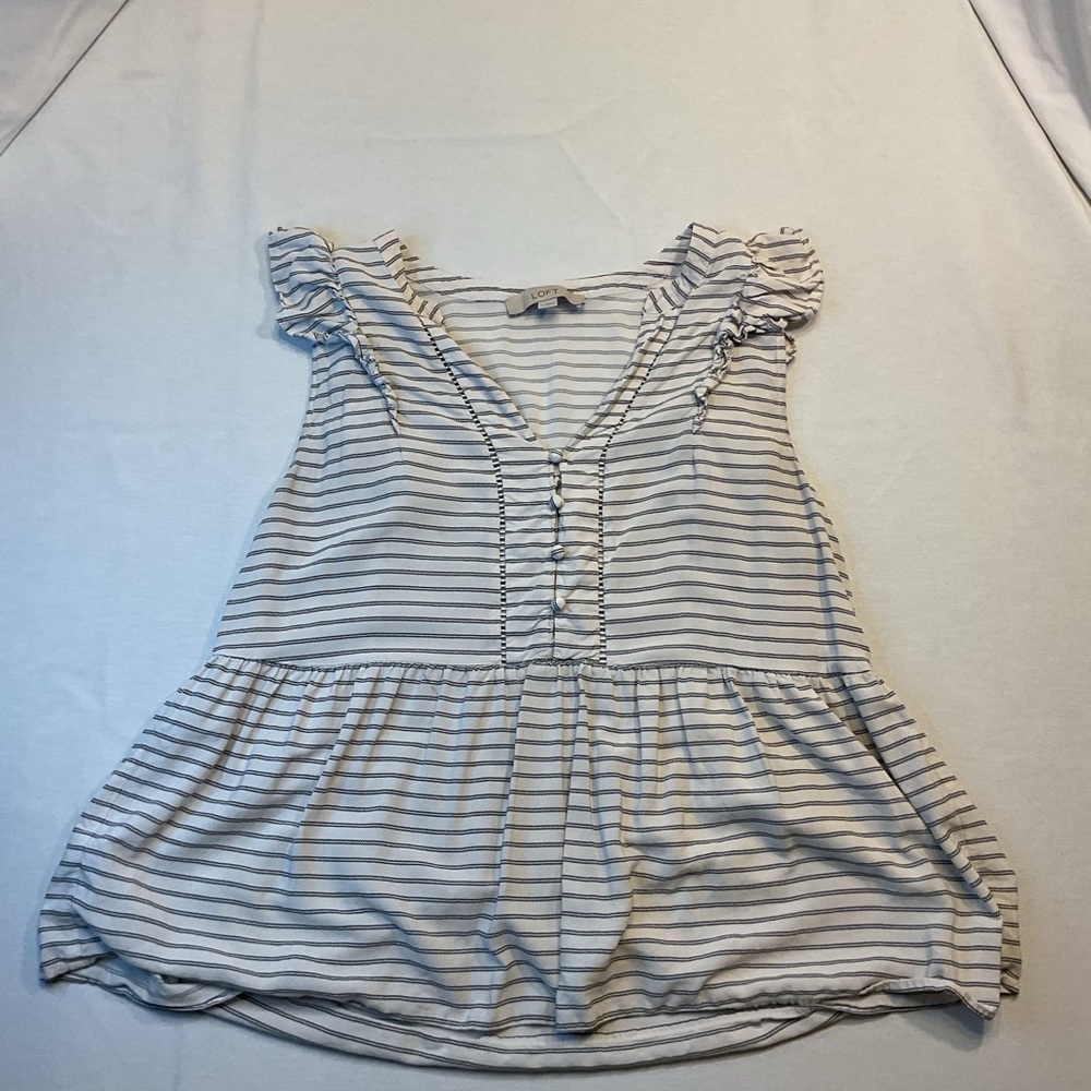 LOFT Women's Black White Striped V-Neck Blouse, Size M Buttons Casual Flowing